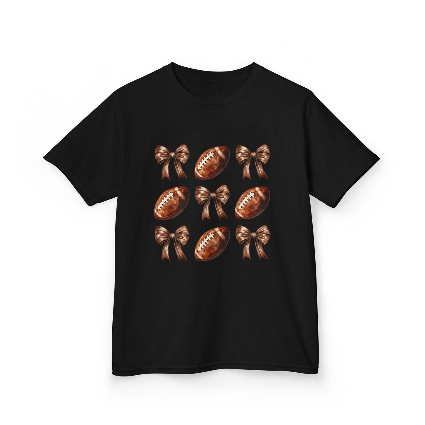 Kids Football & Bows T‑Shirt — Cute Gridiron Pattern for Girls, Youth Game Day Tee