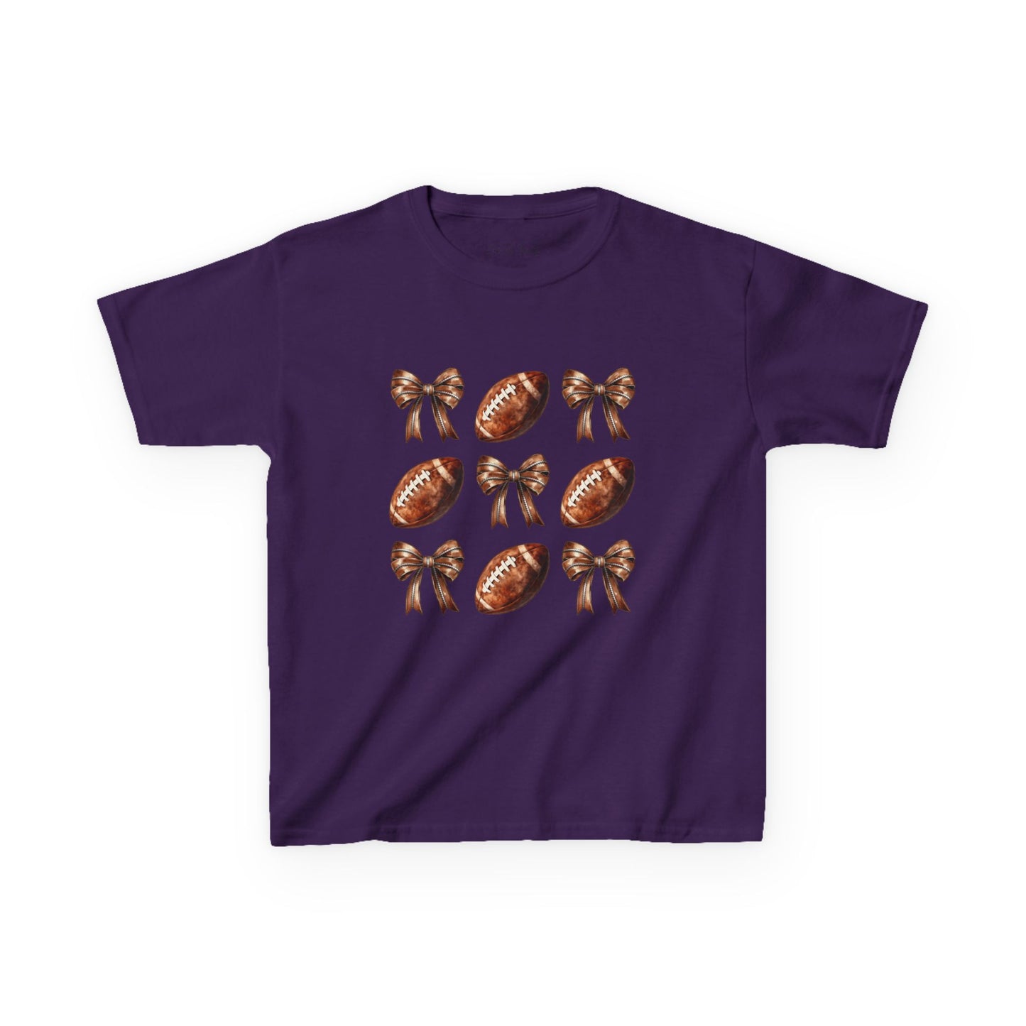 Kids Football & Bows T‑Shirt — Cute Gridiron Pattern for Girls, Youth Game Day Tee