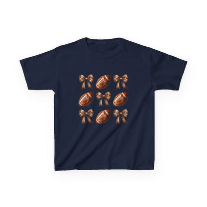 Kids Football & Bows T‑Shirt — Cute Gridiron Pattern for Girls, Youth Game Day Tee