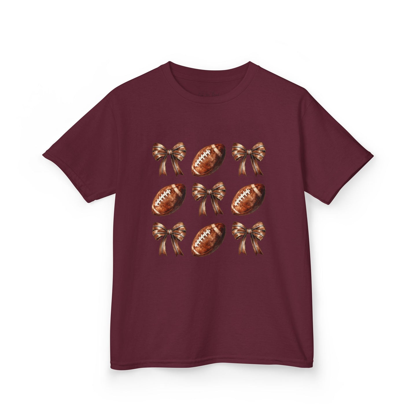 Kids Football & Bows T‑Shirt — Cute Gridiron Pattern for Girls, Youth Game Day Tee