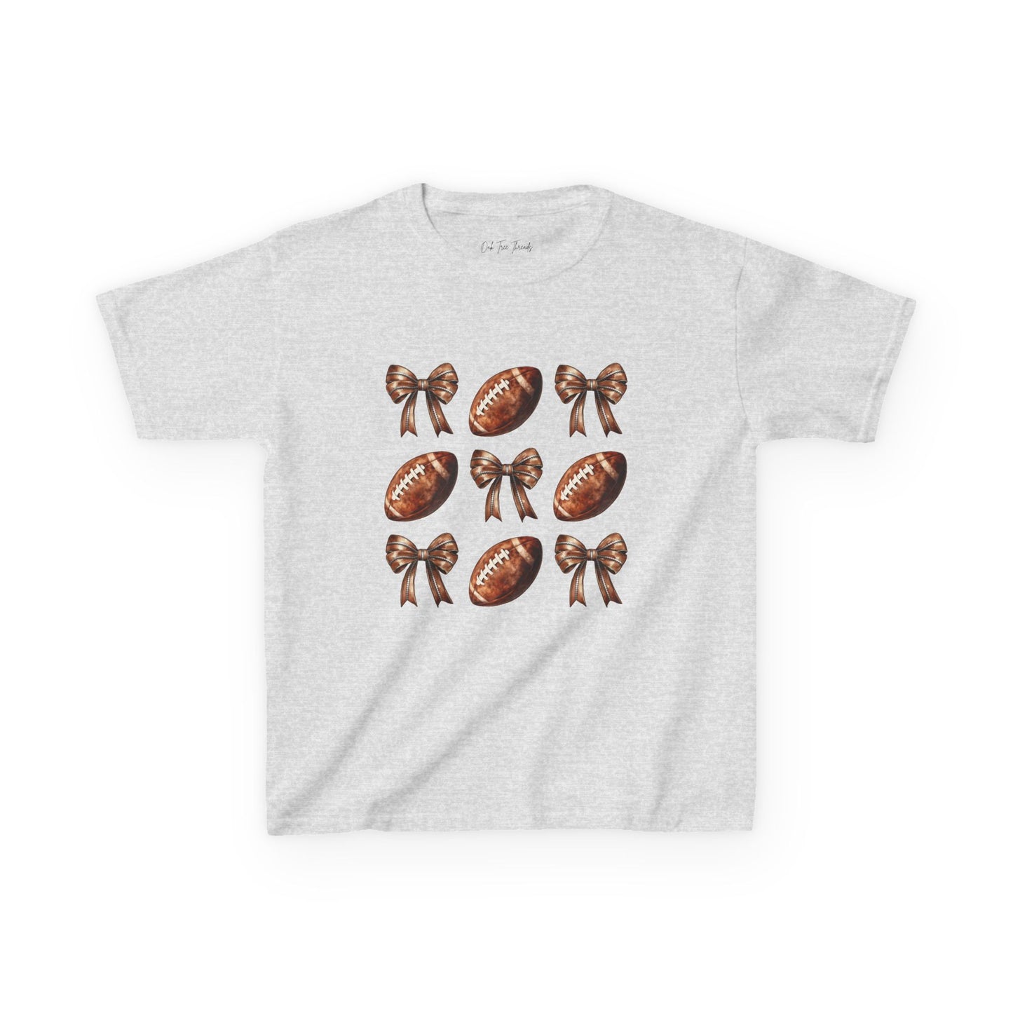 Kids Football & Bows T‑Shirt — Cute Gridiron Pattern for Girls, Youth Game Day Tee