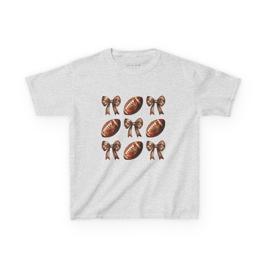Kids Football & Bows T‑Shirt — Cute Gridiron Pattern for Girls, Youth Game Day Tee