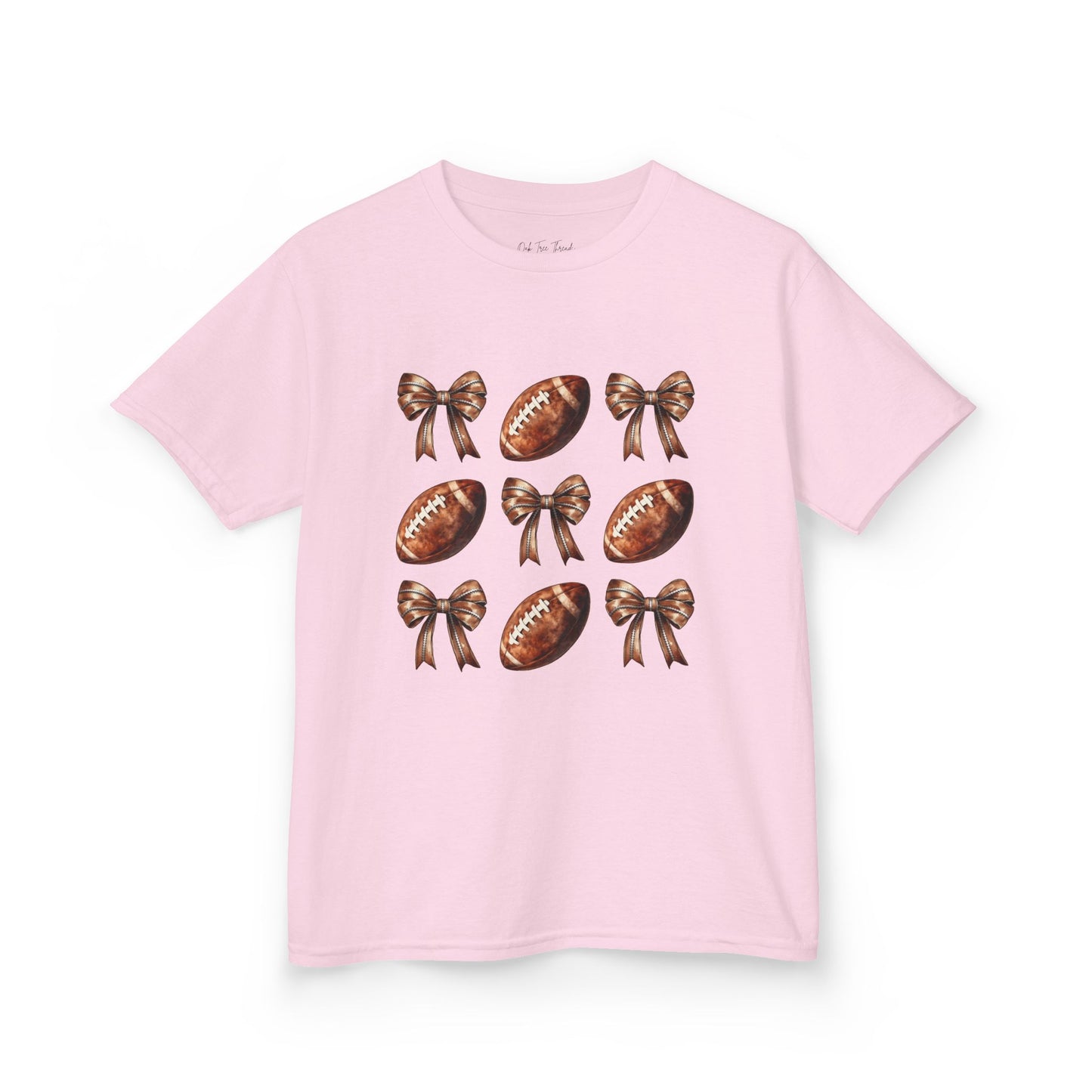Kids Football & Bows T‑Shirt — Cute Gridiron Pattern for Girls, Youth Game Day Tee