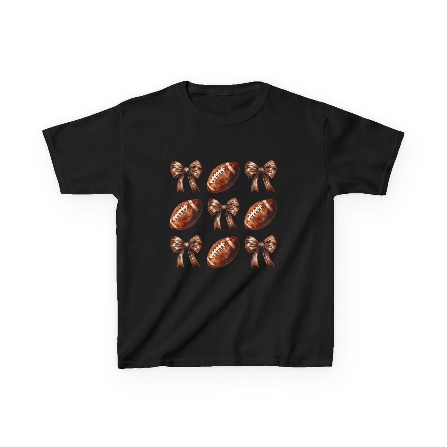 Kids Football & Bows T‑Shirt — Cute Gridiron Pattern for Girls, Youth Game Day Tee
