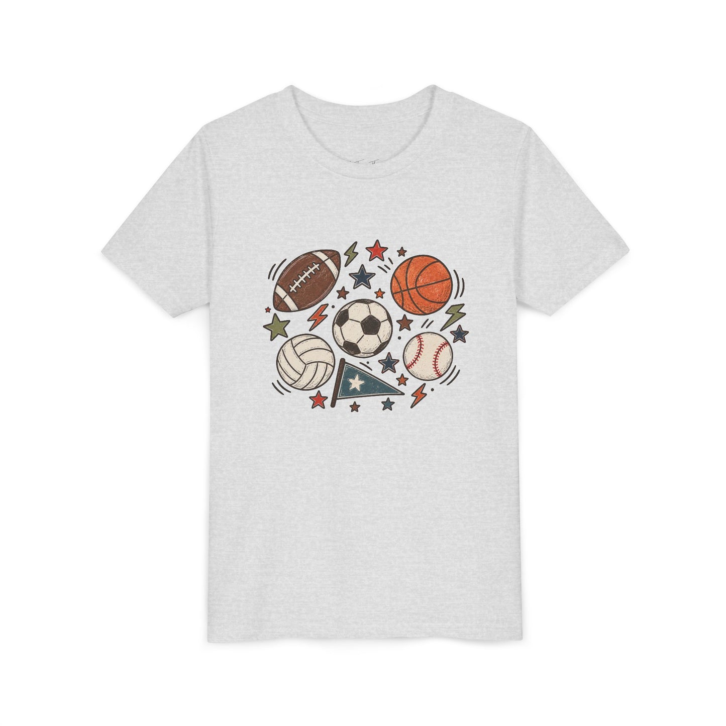 Youth Sports Balls Tee — Multi-Sport Graphic Shirt for Kids (soccer, basketball, football, baseball, volleyball)