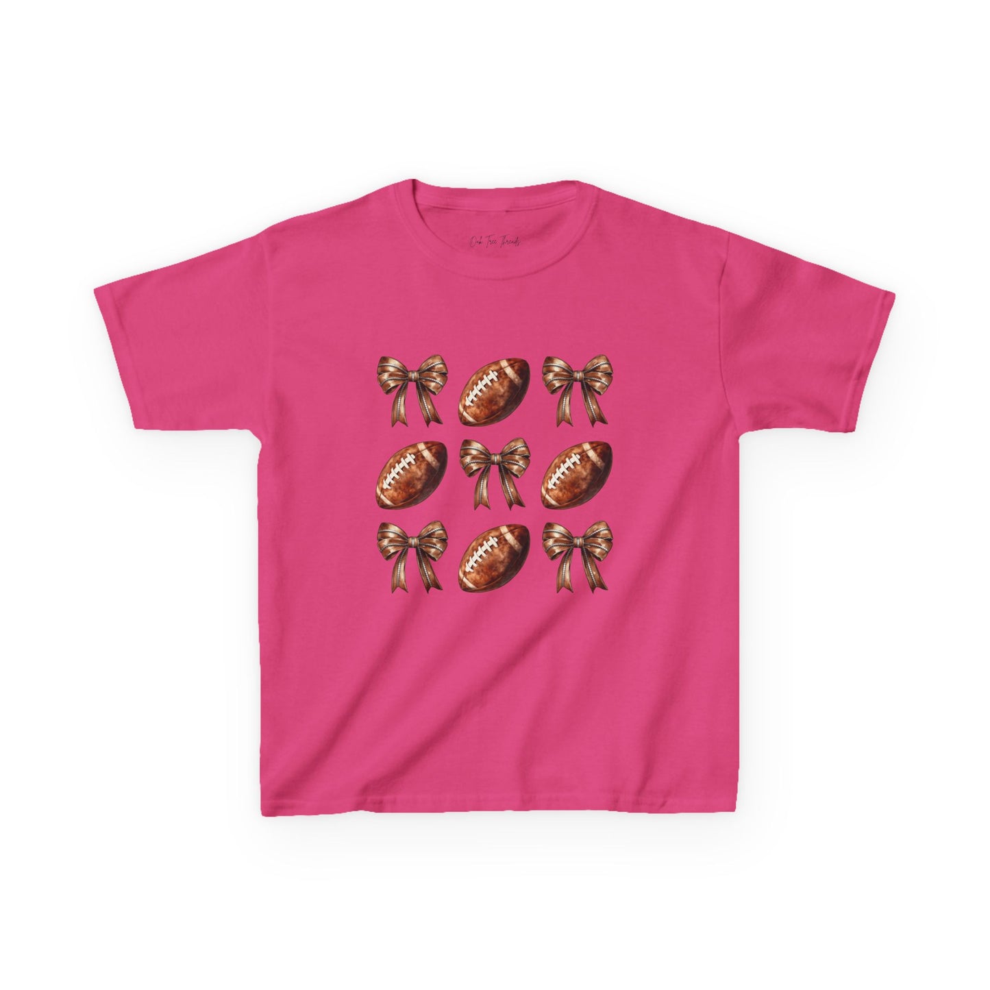 Kids Football & Bows T‑Shirt — Cute Gridiron Pattern for Girls, Youth Game Day Tee