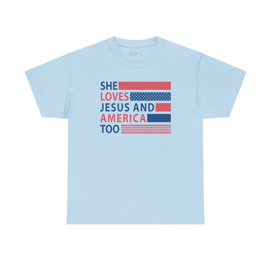 She Loves Jesus & America Too Unisex Jersey Short Sleeve Tee
