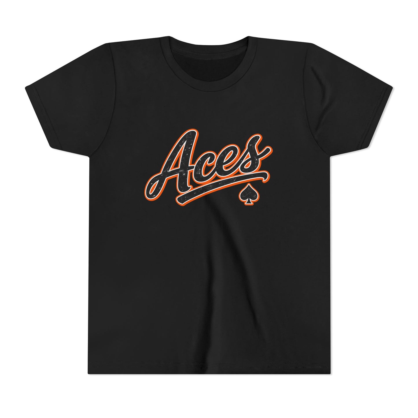 Aces Youth Tee - Retro Script Baseball Style Kids Shirt with Spade Logo