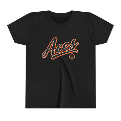 Aces Youth Tee - Retro Script Baseball Style Kids Shirt with Spade Logo