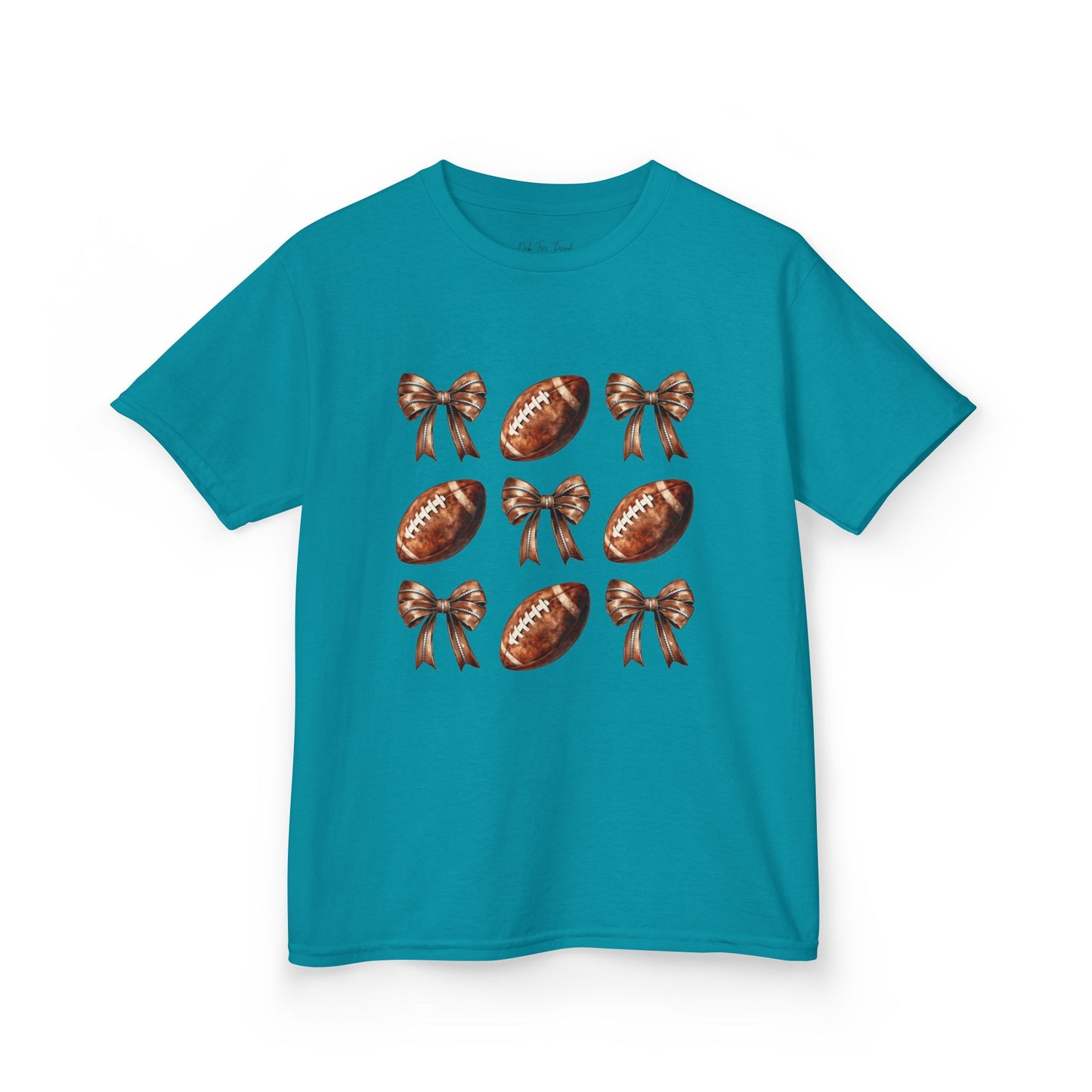 Kids Football & Bows T‑Shirt — Cute Gridiron Pattern for Girls, Youth Game Day Tee