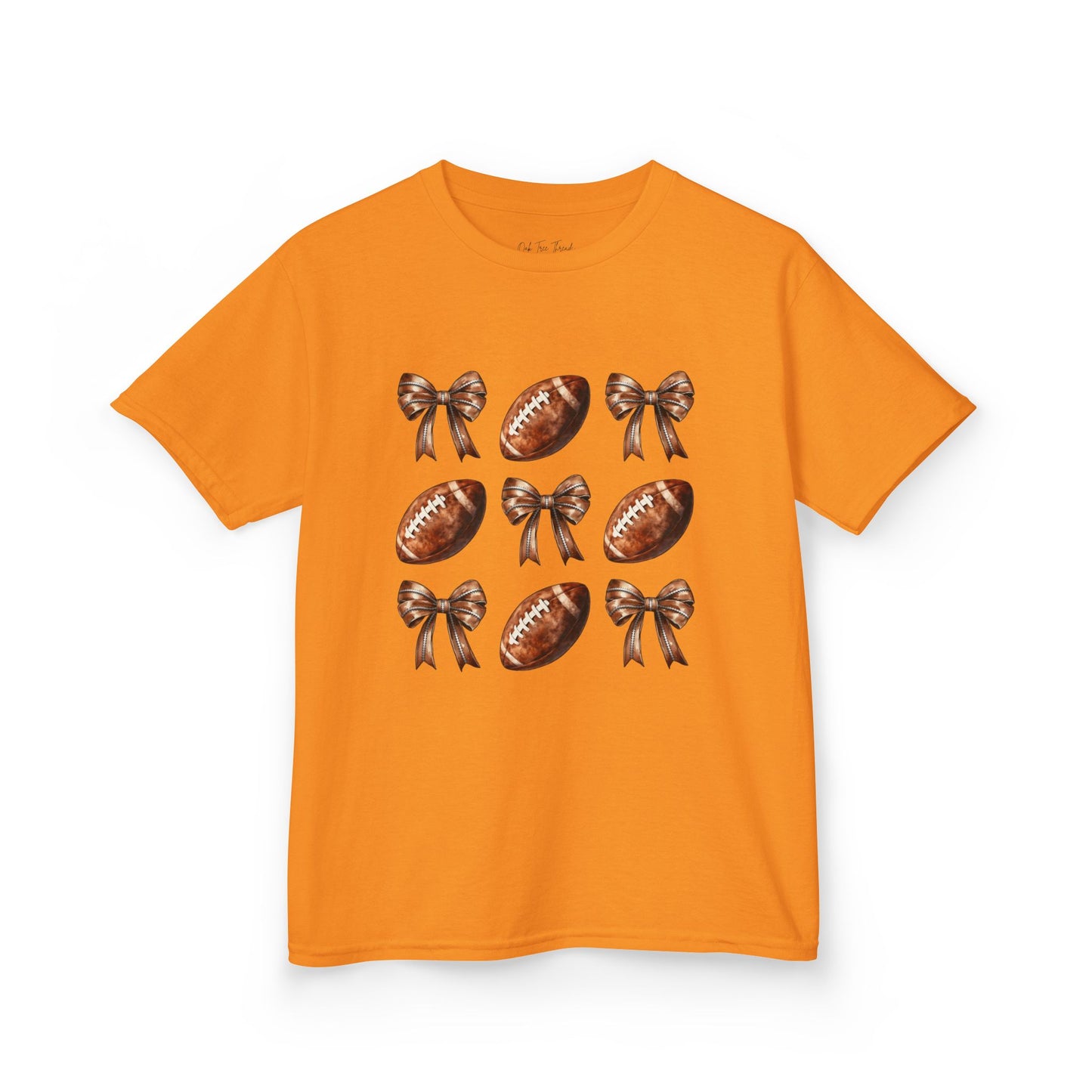 Kids Football & Bows T‑Shirt — Cute Gridiron Pattern for Girls, Youth Game Day Tee