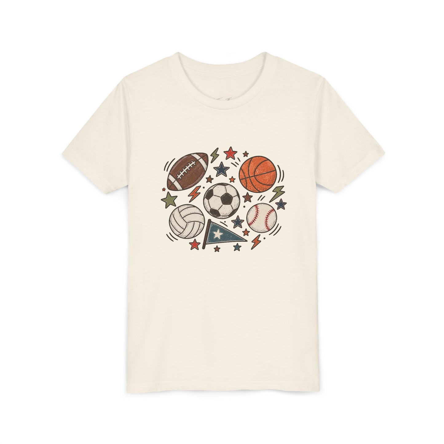 Youth Sports Balls Tee — Multi-Sport Graphic Shirt for Kids (soccer, basketball, football, baseball, volleyball)