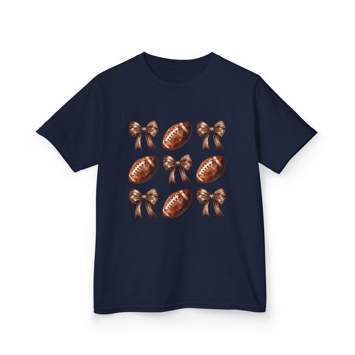 Kids Football & Bows T‑Shirt — Cute Gridiron Pattern for Girls, Youth Game Day Tee
