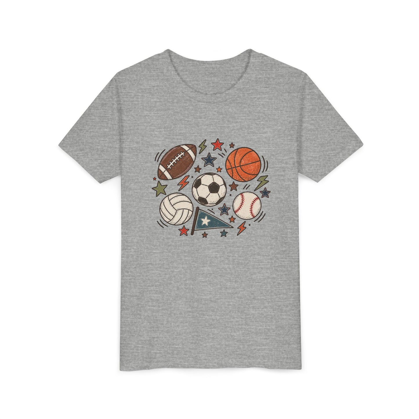 Youth Sports Balls Tee — Multi-Sport Graphic Shirt for Kids (soccer, basketball, football, baseball, volleyball)