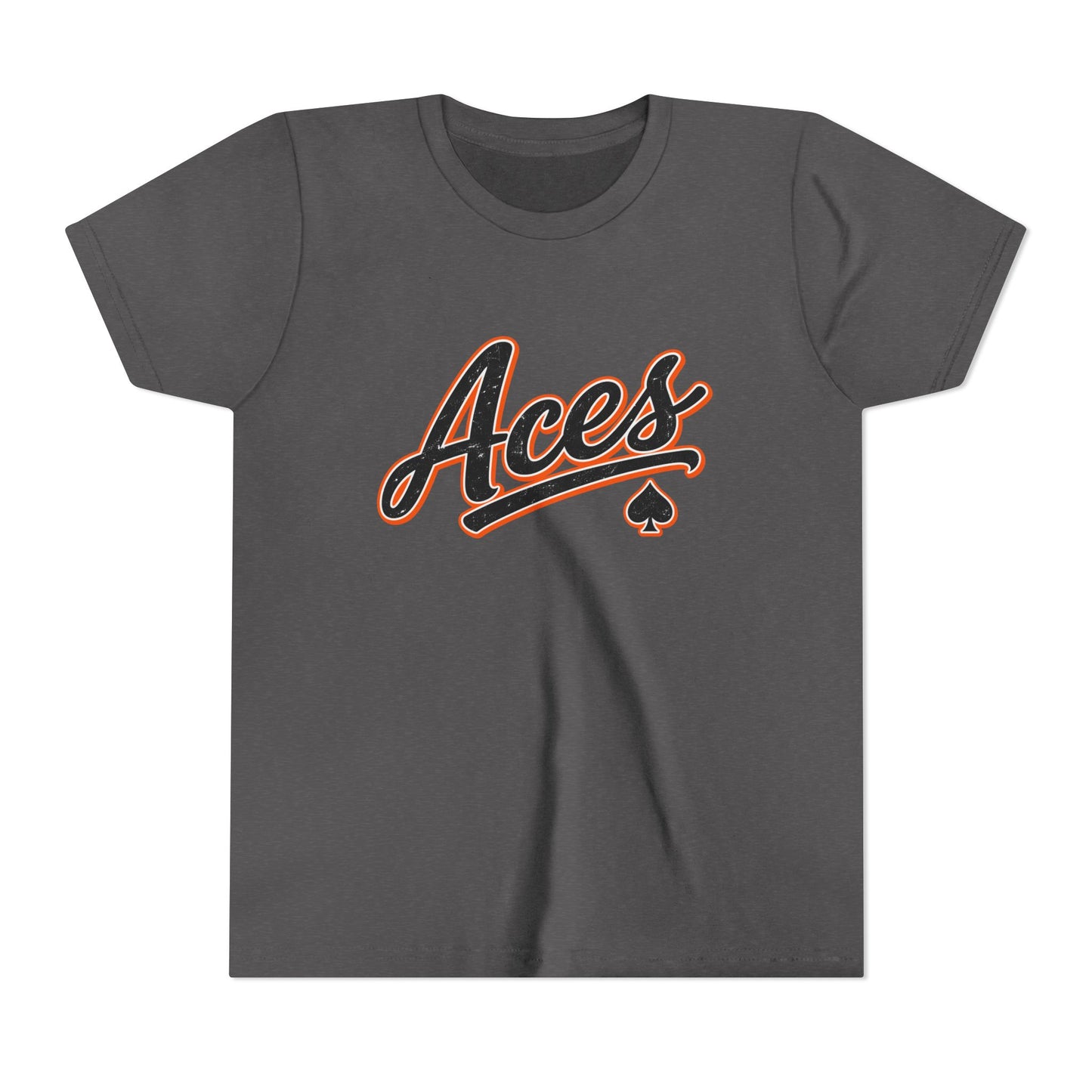 Aces Youth Tee - Retro Script Baseball Style Kids Shirt with Spade Logo