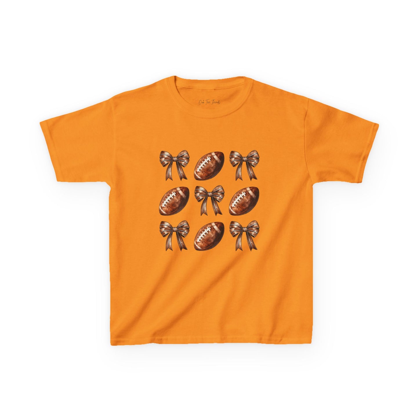 Kids Football & Bows T‑Shirt — Cute Gridiron Pattern for Girls, Youth Game Day Tee