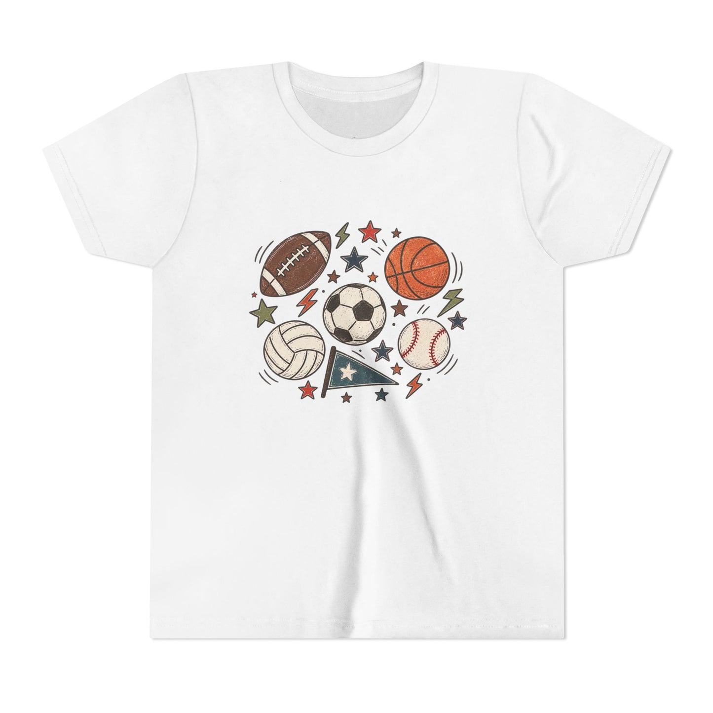 Youth Sports Balls Tee — Multi-Sport Graphic Shirt for Kids (soccer, basketball, football, baseball, volleyball)