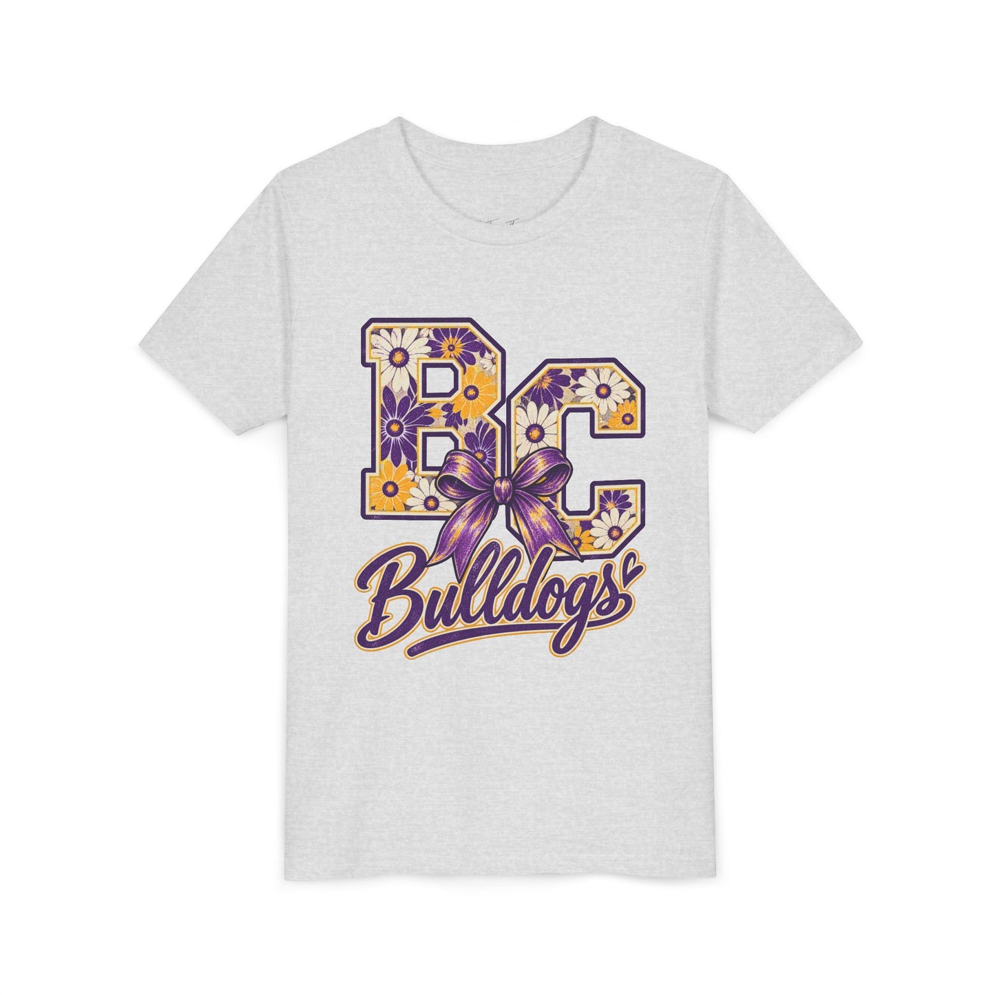 Youth Tee Bloom- Carroll Bulldogs Floral   — Purple & Gold School Spirit Shirt