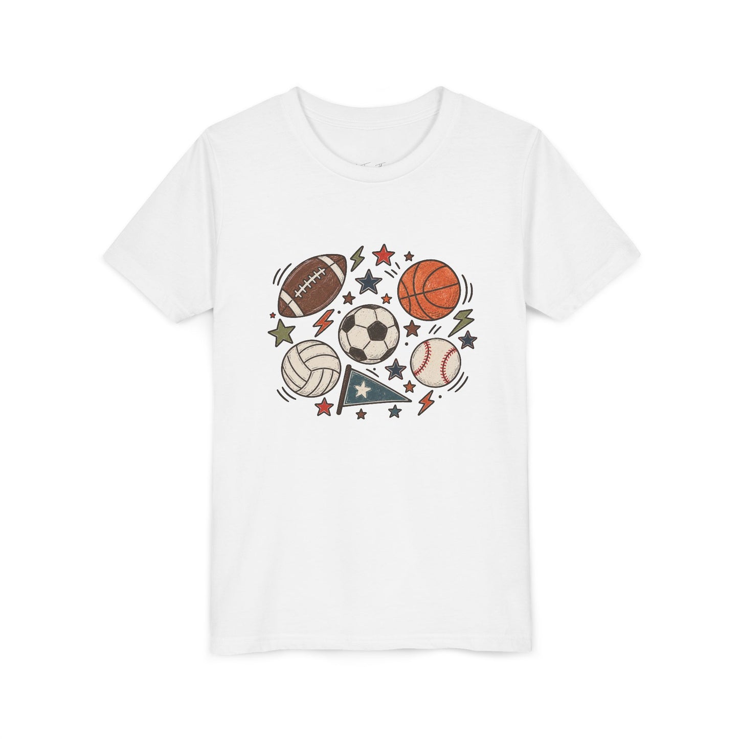 Youth Sports Balls Tee — Multi-Sport Graphic Shirt for Kids (soccer, basketball, football, baseball, volleyball)