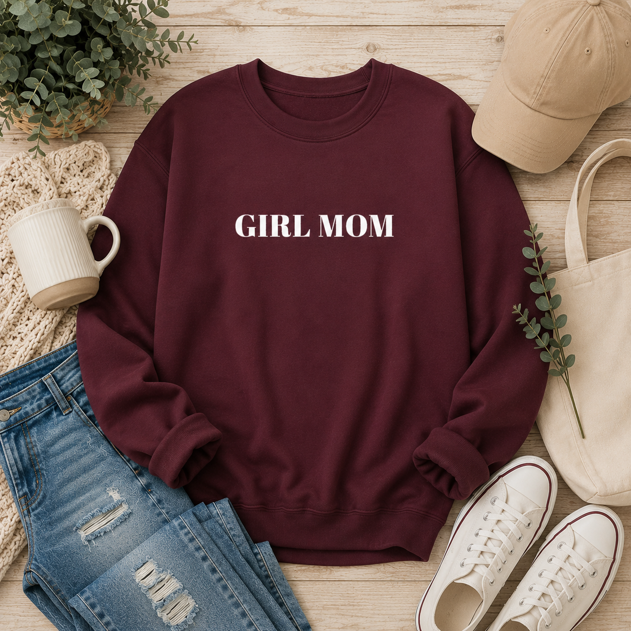 Embroidered Girl Mom Crewneck Sweatshirt-- Mom life pullover