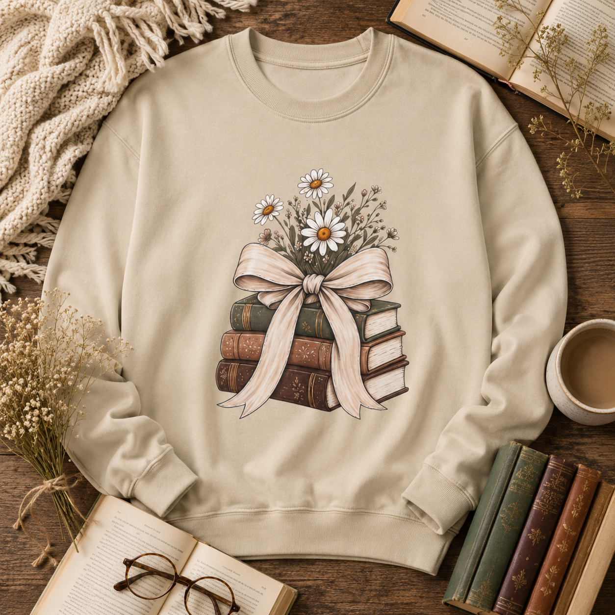 Crewneck Sweatshirt — Vintage Books & Daisies Floral Stack