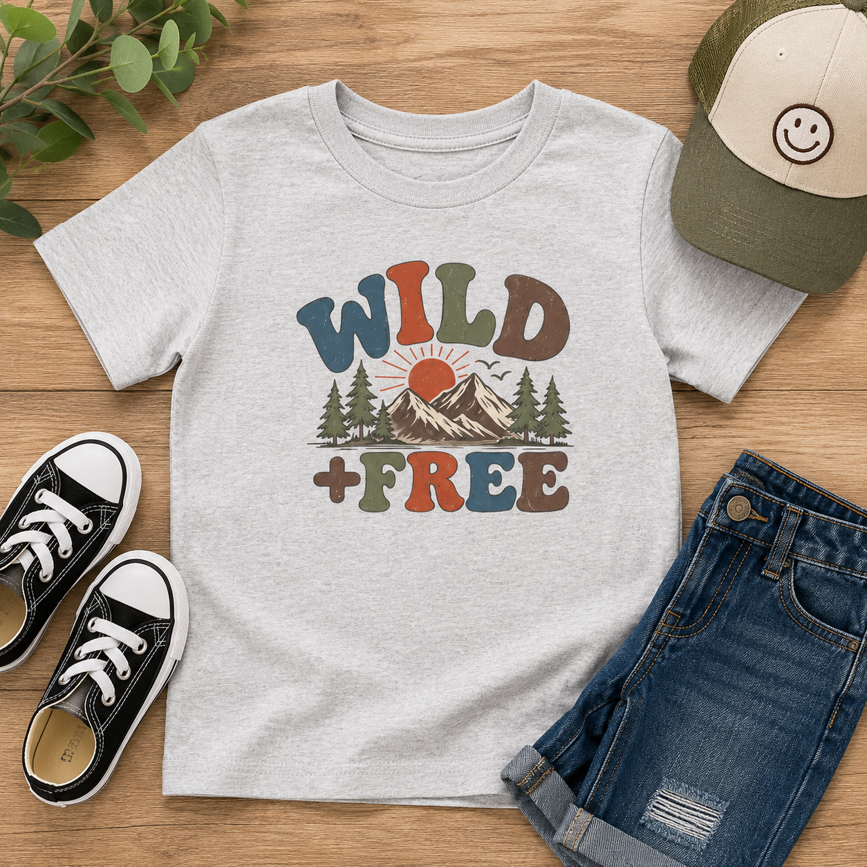 Youth Tee - "Wild + Free" Retro Mountain Kids T-Shirt