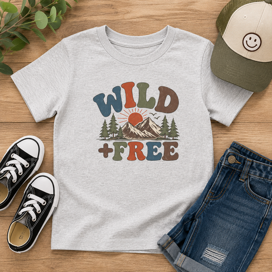 Youth Tee - "Wild + Free" Retro Mountain Kids T-Shirt