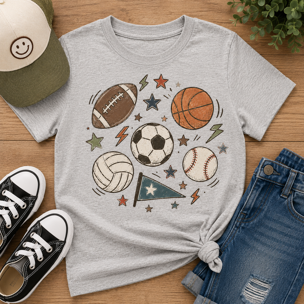 Youth Sports Balls Tee — Multi-Sport Graphic Shirt for Kids (soccer, basketball, football, baseball, volleyball)