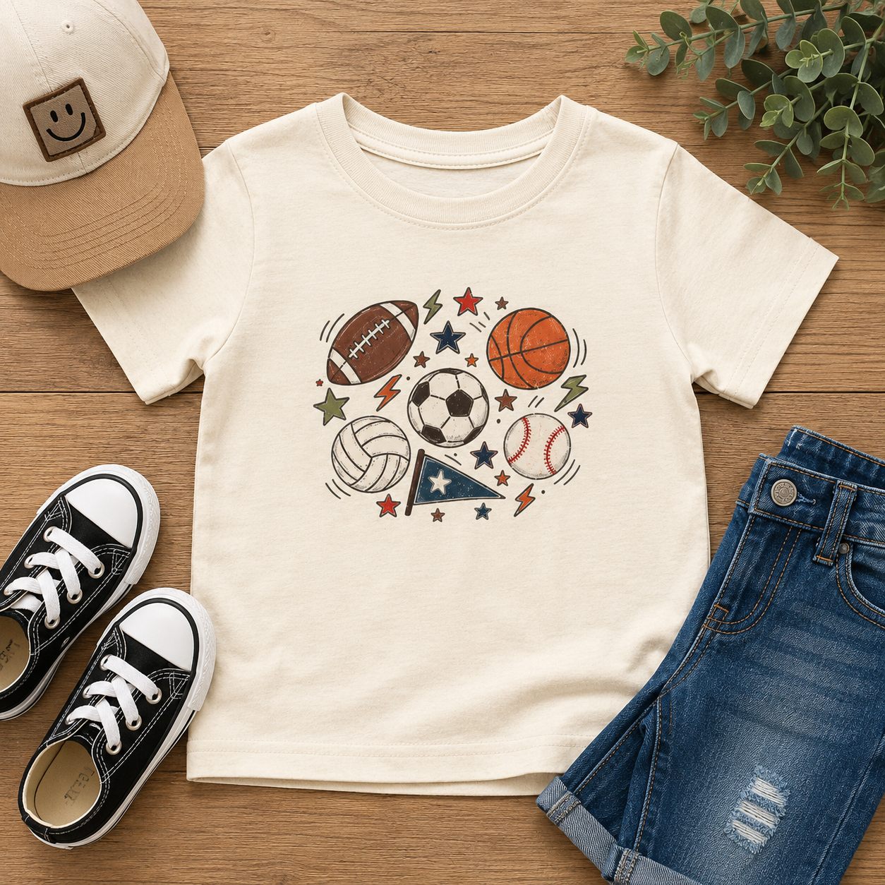 Toddler Sports Balls Tee — Cute Soccer, Football, Basketball & Baseball Graphic Shirt