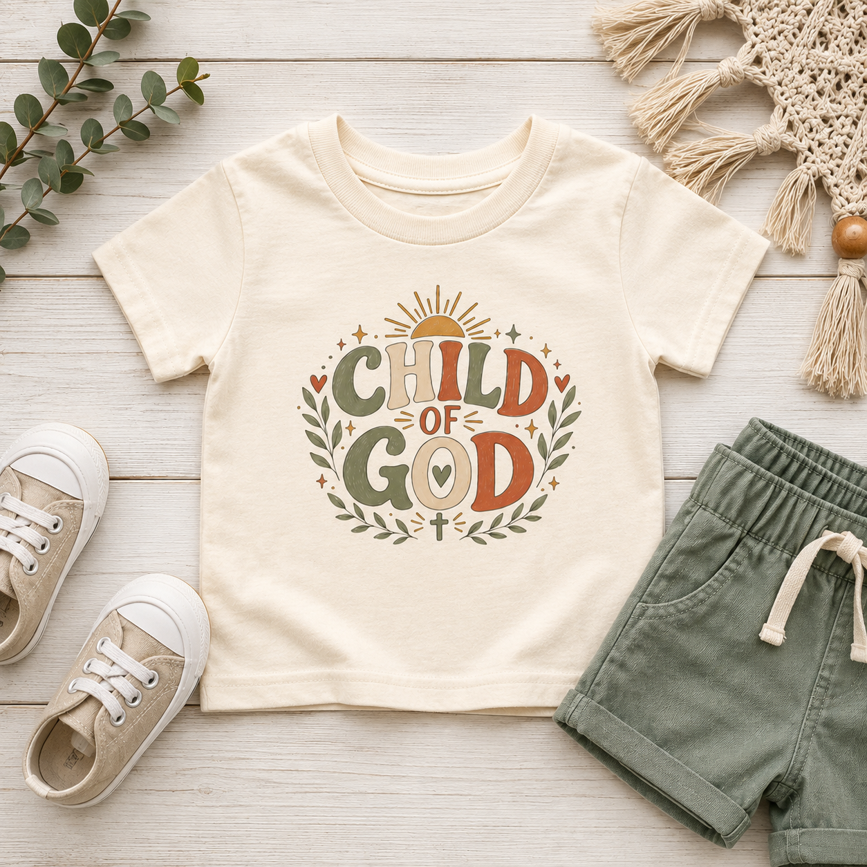 Child of God Toddler Tee — Christian Faith Baby Shirt with Sun & Floral Design