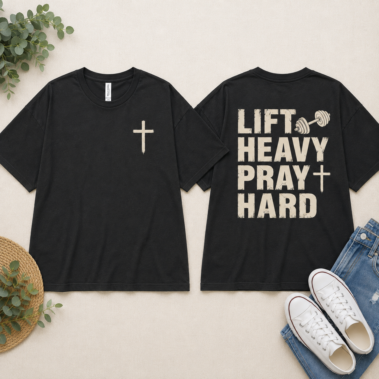 Oversized & Boxy Lift Heavy Pray Hard  Tee — Faith & Fitness Tee