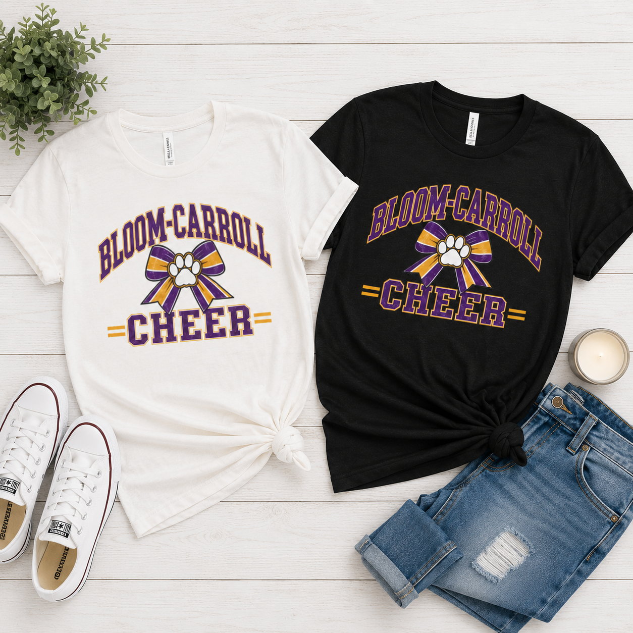 Bloom-Carroll Cheer T-Shirt — Purple & Gold Bow Spirit Tee