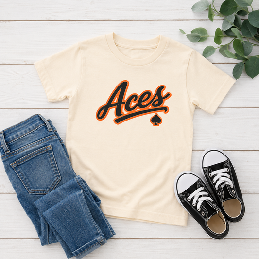 Aces Youth Tee - Retro Script Baseball Style Kids Shirt with Spade Logo
