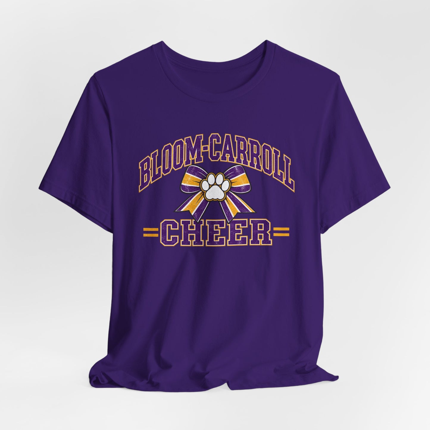 Bloom-Carroll Cheer T-Shirt — Purple & Gold Bow Spirit Tee