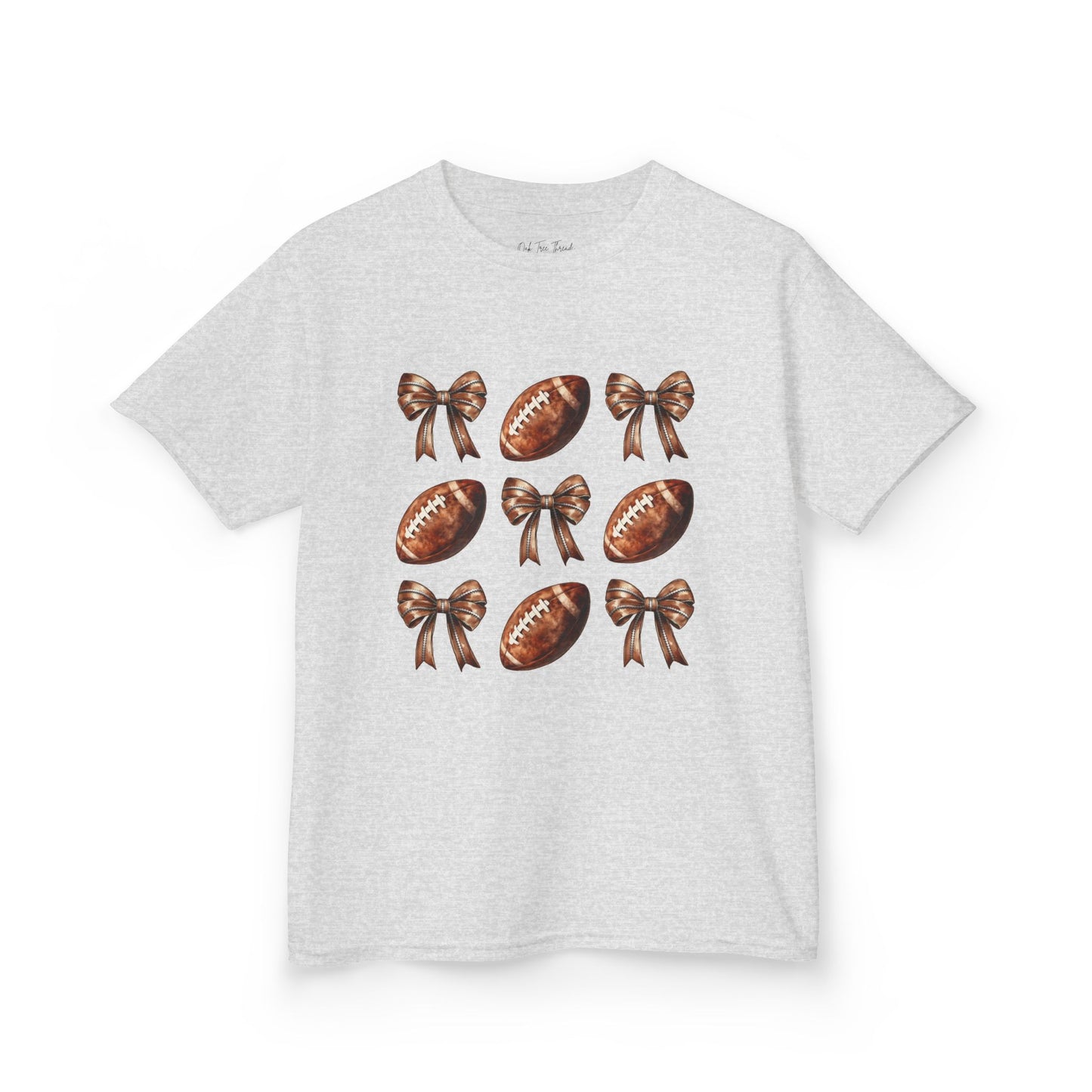 Kids Football & Bows T‑Shirt — Cute Gridiron Pattern for Girls, Youth Game Day Tee