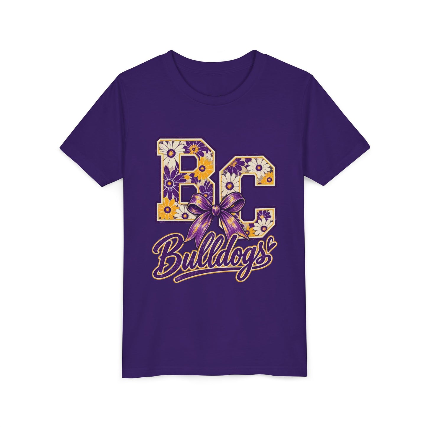 Youth Tee Bloom- Carroll Bulldogs Floral   — Purple & Gold School Spirit Shirt