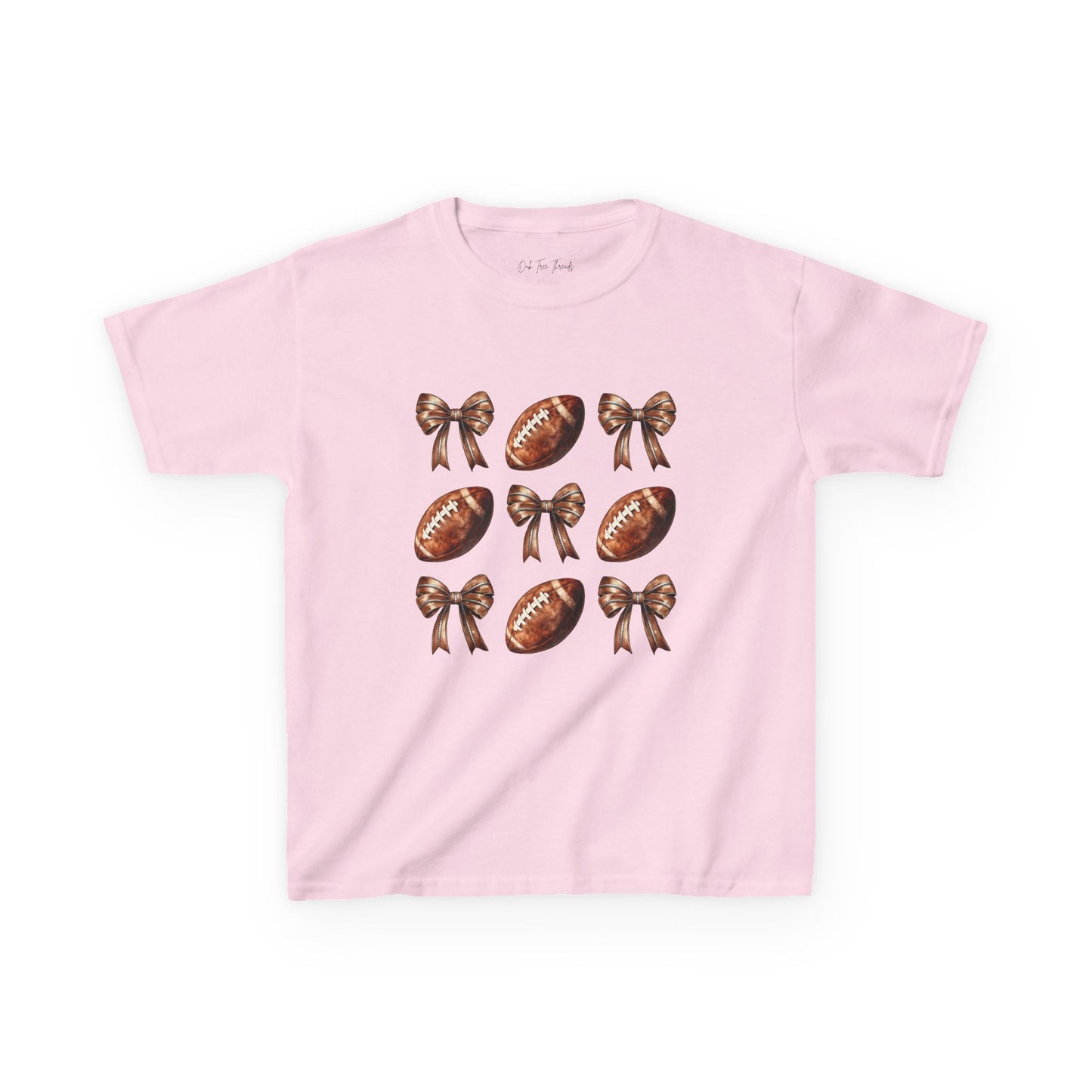 Kids Football & Bows T‑Shirt — Cute Gridiron Pattern for Girls, Youth Game Day Tee