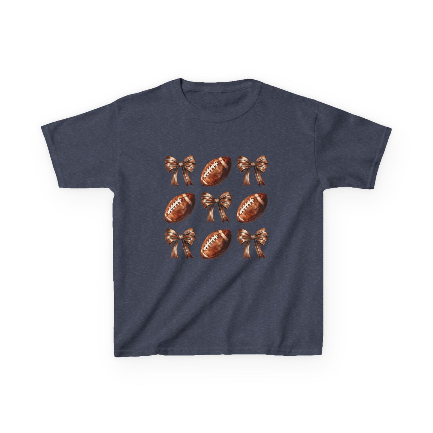 Kids Football & Bows T‑Shirt — Cute Gridiron Pattern for Girls, Youth Game Day Tee