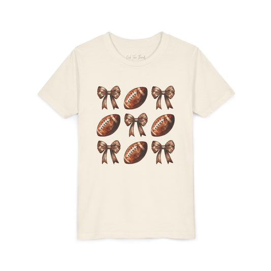 Youth Football & Bows T-Shirt — Cute Cheer Fan Tee for Girls (BELLA + CANVAS)
