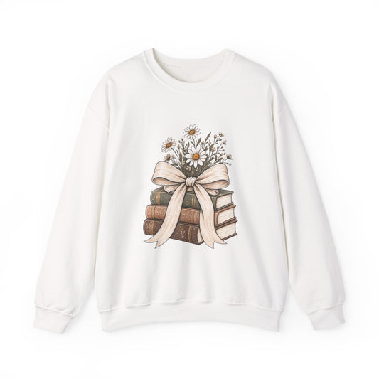 Crewneck Sweatshirt — Vintage Books & Daisies Floral Stack
