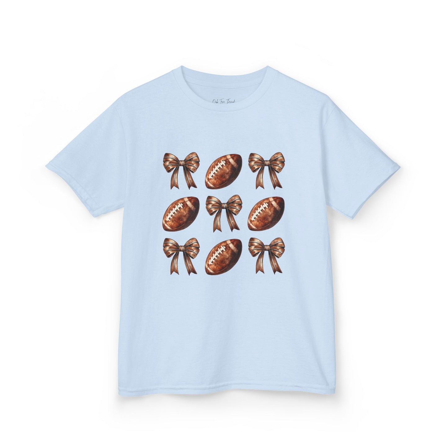 Kids Football & Bows T‑Shirt — Cute Gridiron Pattern for Girls, Youth Game Day Tee