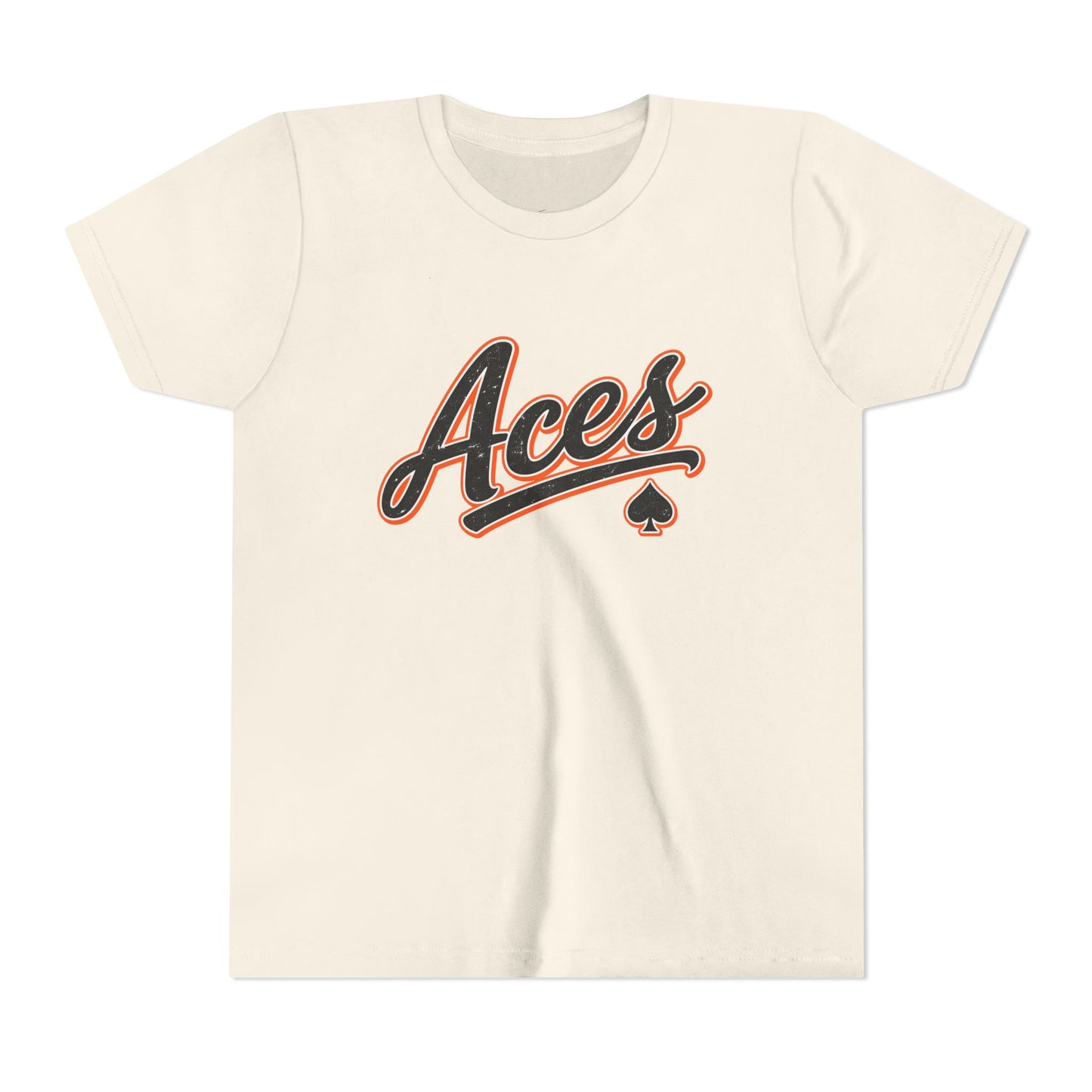 Aces Youth Tee - Retro Script Baseball Style Kids Shirt with Spade Logo