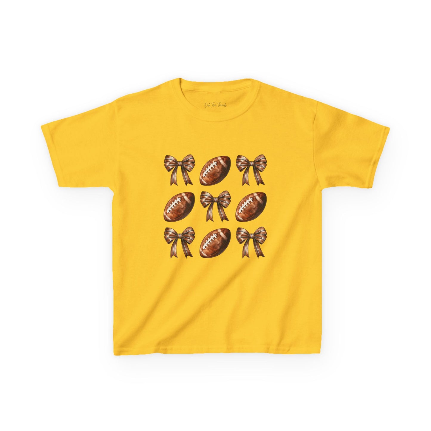 Kids Football & Bows T‑Shirt — Cute Gridiron Pattern for Girls, Youth Game Day Tee