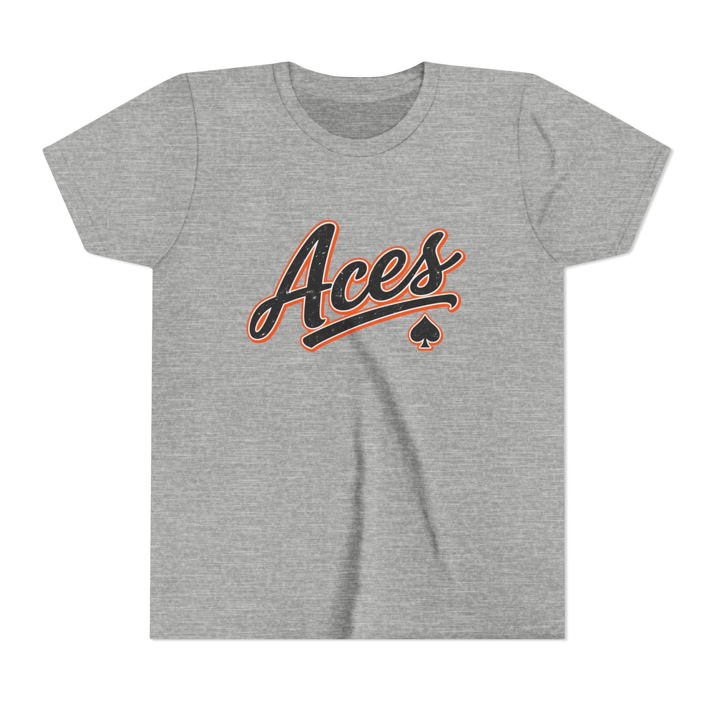 Aces Youth Tee - Retro Script Baseball Style Kids Shirt with Spade Logo