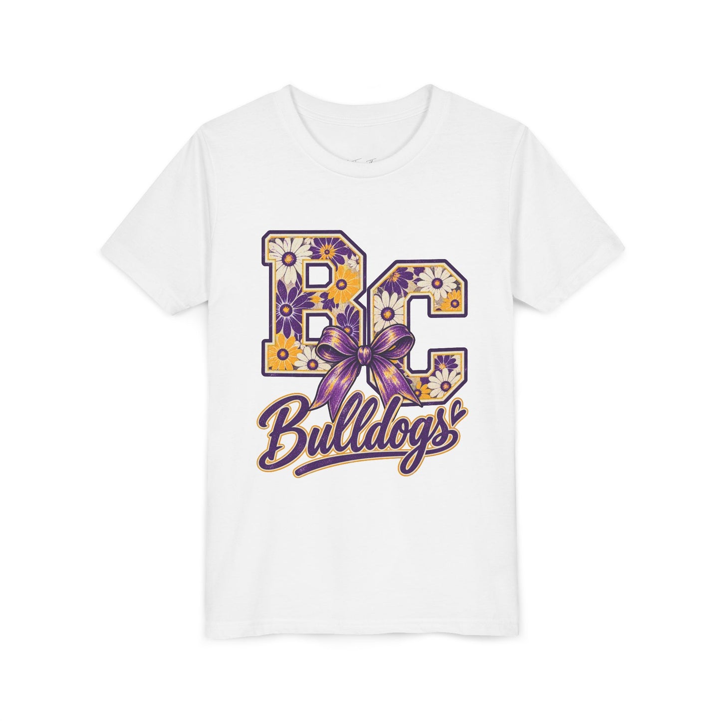 Youth Tee Bloom- Carroll Bulldogs Floral   — Purple & Gold School Spirit Shirt