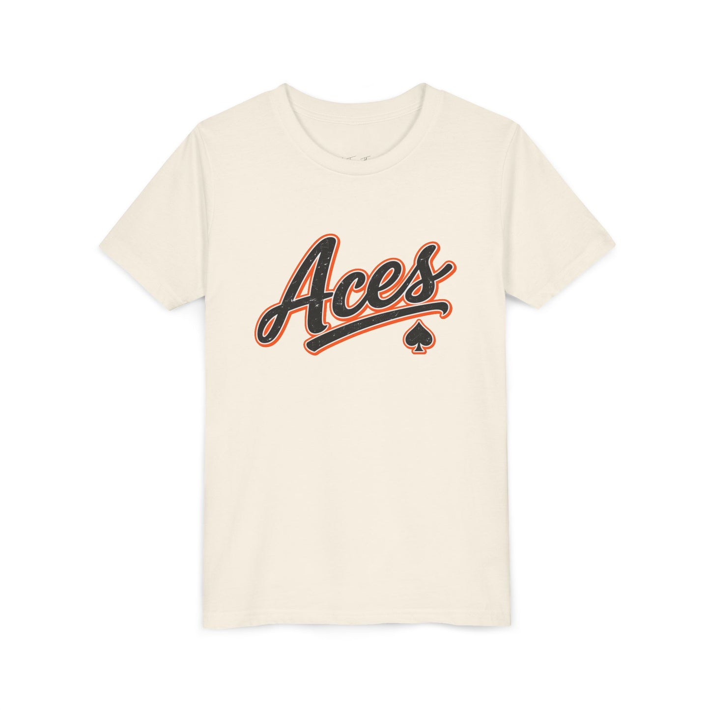 Aces Youth Tee - Retro Script Baseball Style Kids Shirt with Spade Logo