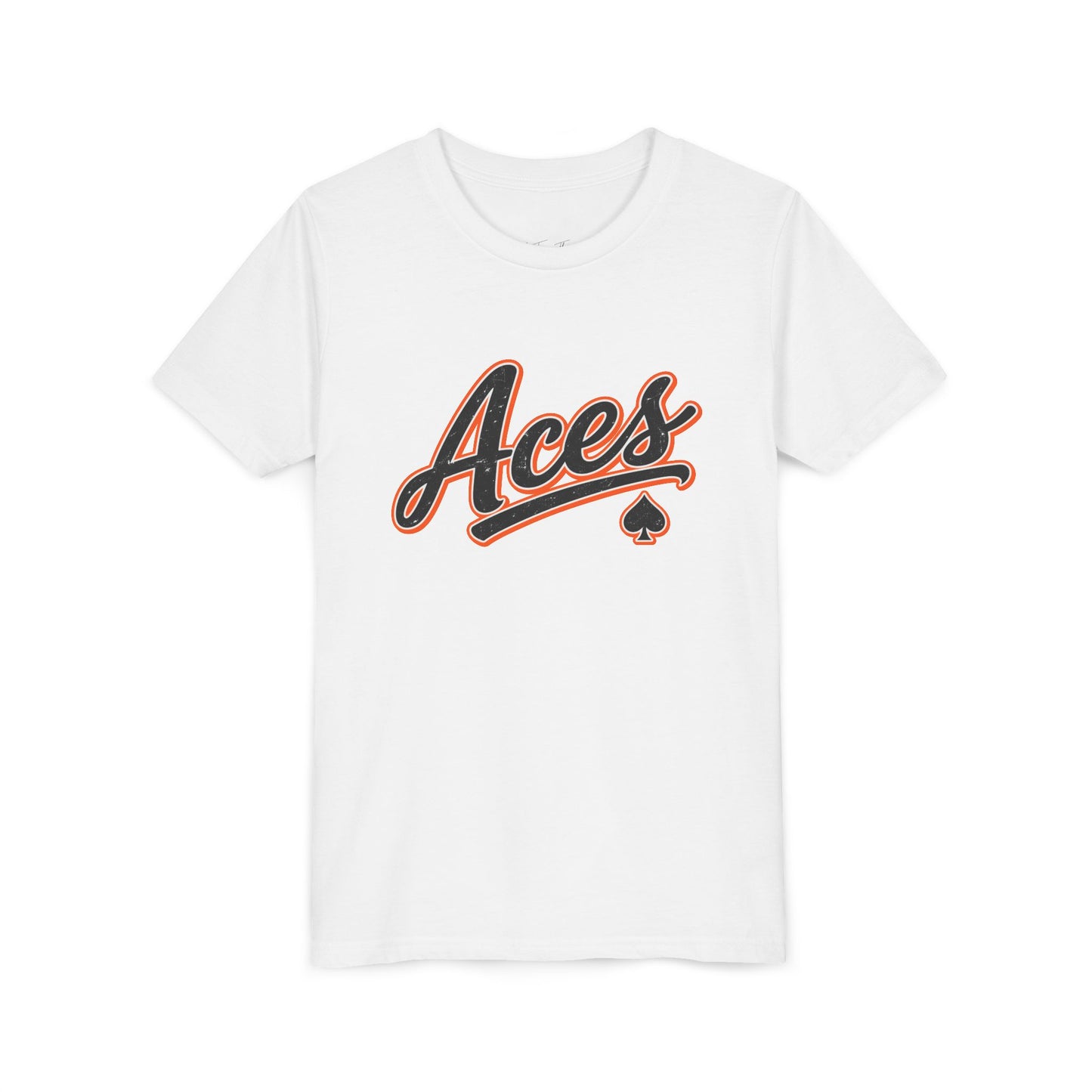 Aces Youth Tee - Retro Script Baseball Style Kids Shirt with Spade Logo
