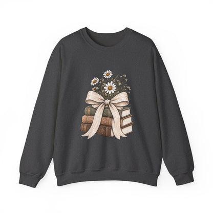 Crewneck Sweatshirt — Vintage Books & Daisies Floral Stack