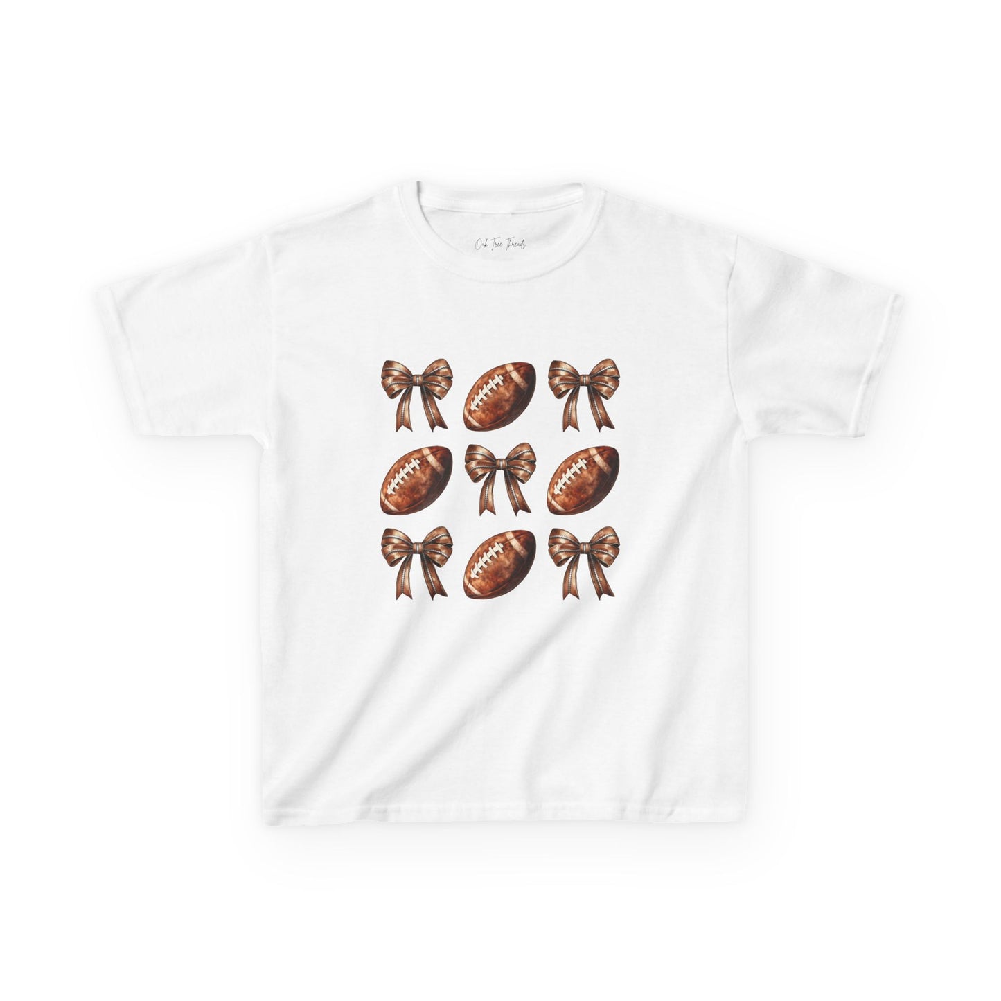 Kids Football & Bows T‑Shirt — Cute Gridiron Pattern for Girls, Youth Game Day Tee