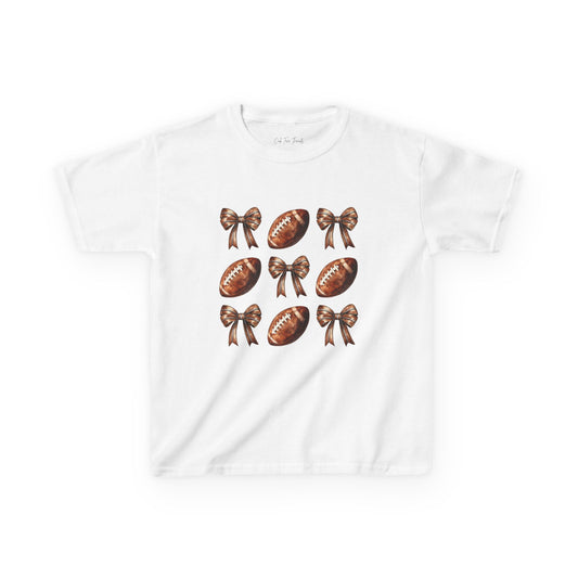 Kids Football & Bows T‑Shirt — Cute Gridiron Pattern for Girls, Youth Game Day Tee